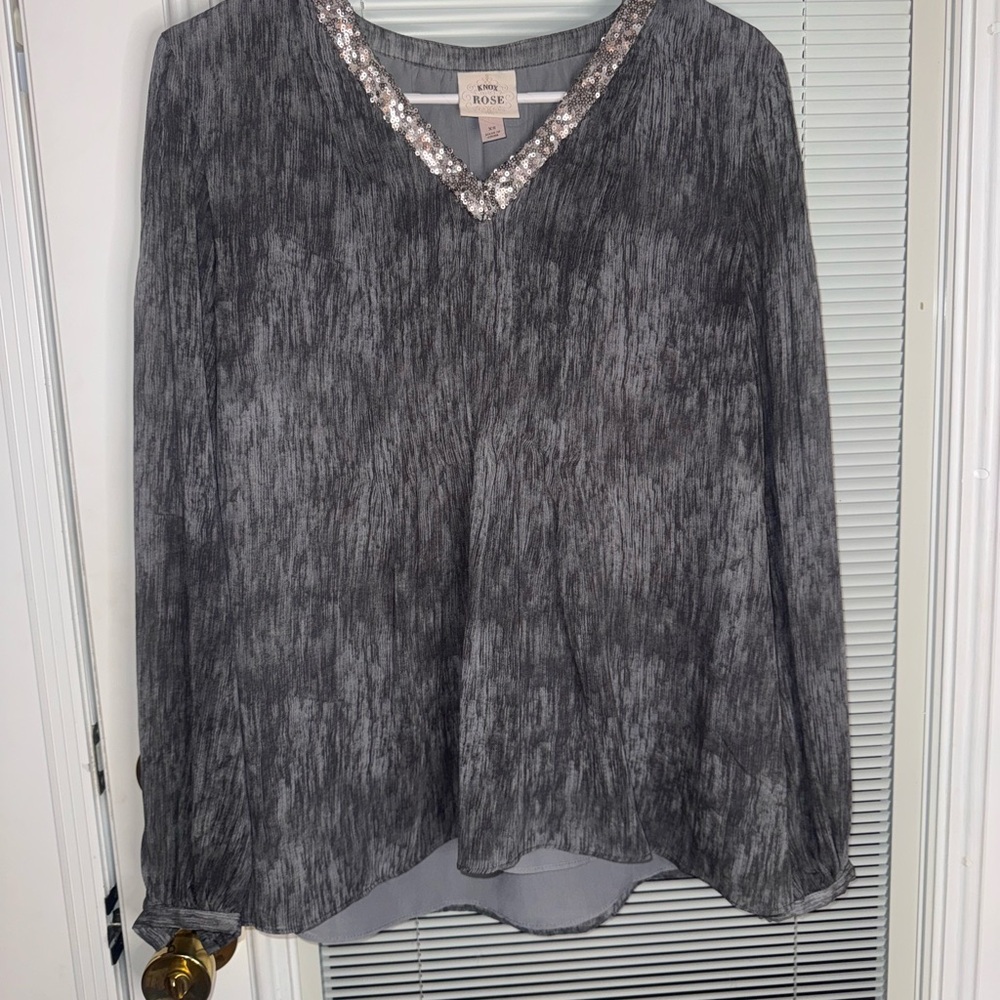 Knox Rose Charcoal V-Neck Blouse with Sequin Trim